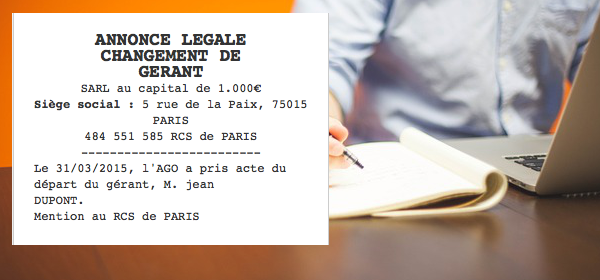 exemple annonce legale changement de gerant